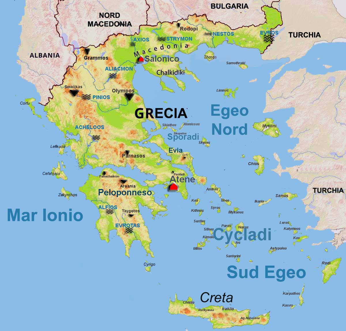 Mappa fisica della Grecia