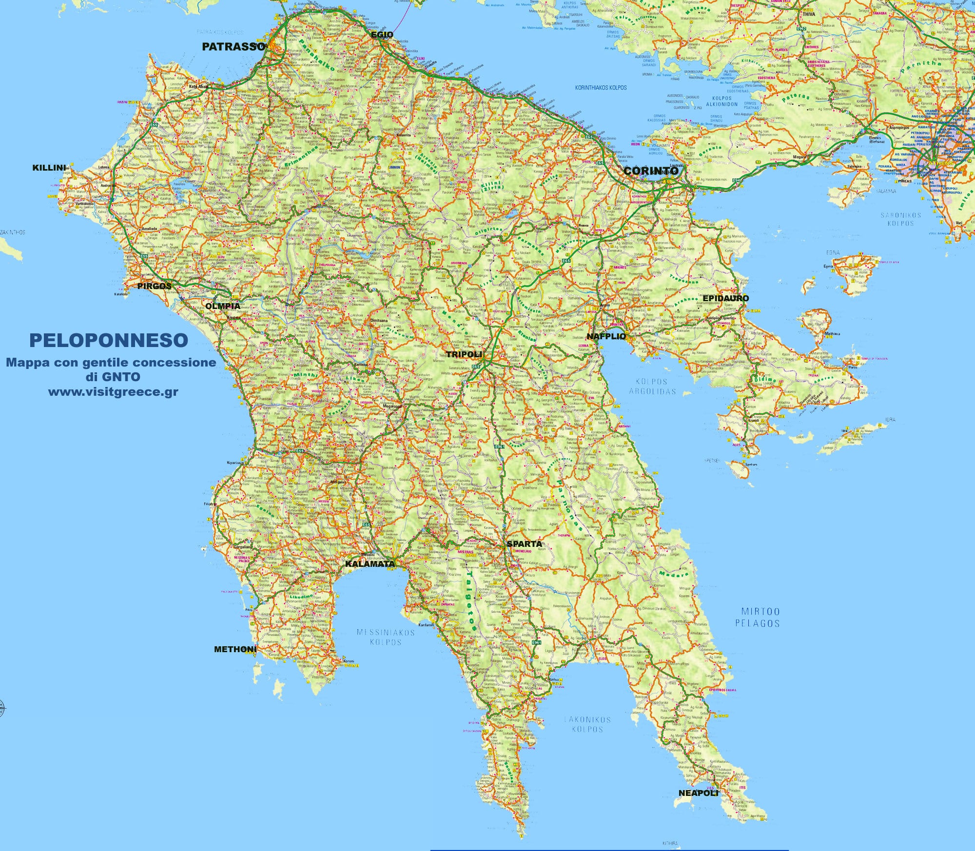Mappa stradale di Peloponneso
